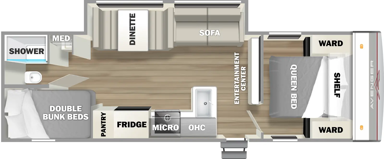The 26DBSLE has one slideout and one entry. Interior layout front to back: foot facing queen bed with shelf above and wardrobes on each side; entertainment center along inner wall; off-door side slideout with sofa and dinette; door side entry, peninsula kitchen counter with sink, overhead cabinet, microwave, cooktop, refrigerator, and pantry; rear off-door sink and medicine cabinet with shower and toilet in a separate room; rear door side double bunk beds.